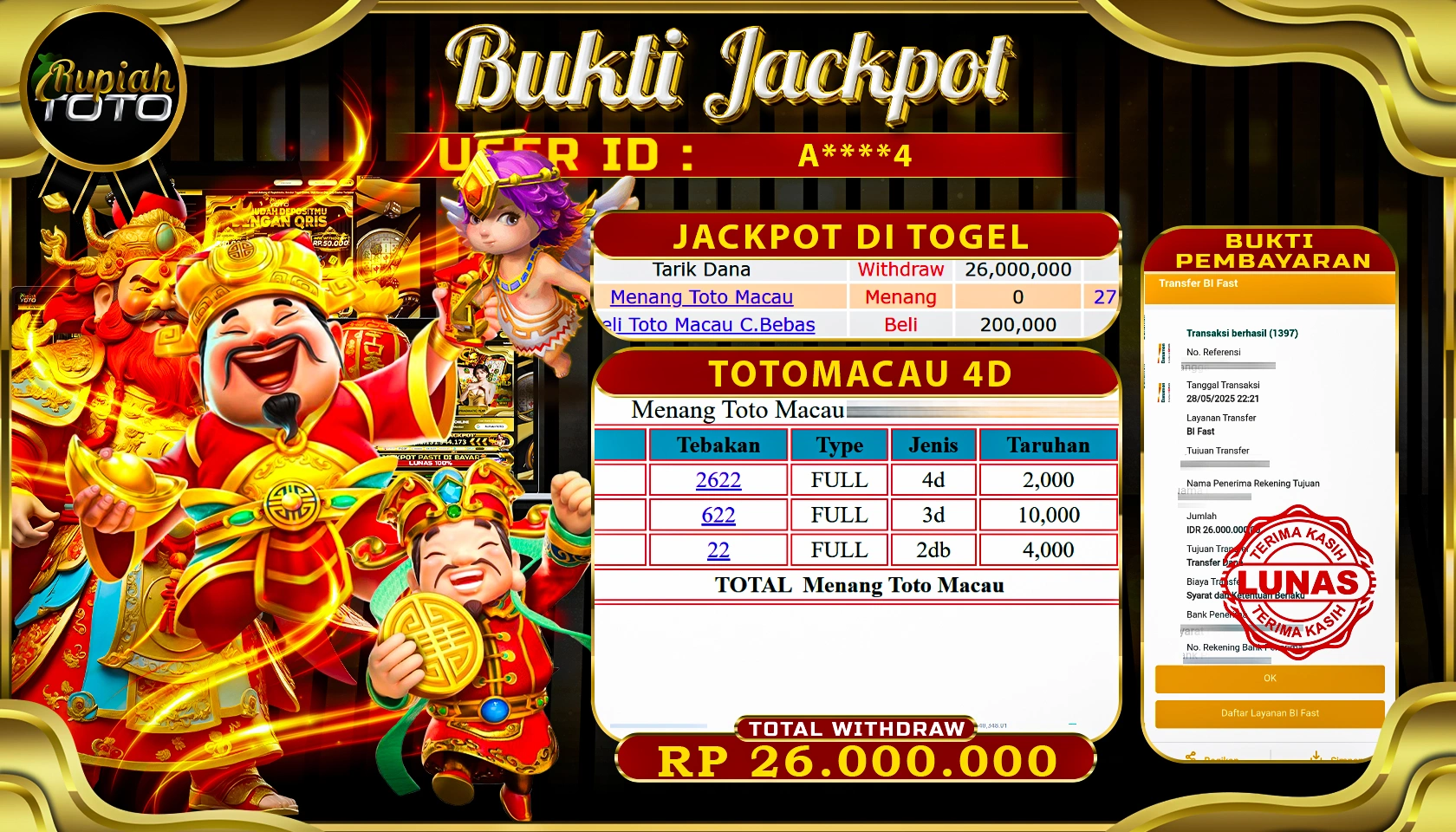 RUPIAHTOTO JACKPOT DI TOGEL PASARAN TOTOAMCAU 4D RP 26.000.000 JUTA RUPIAH LUNAS