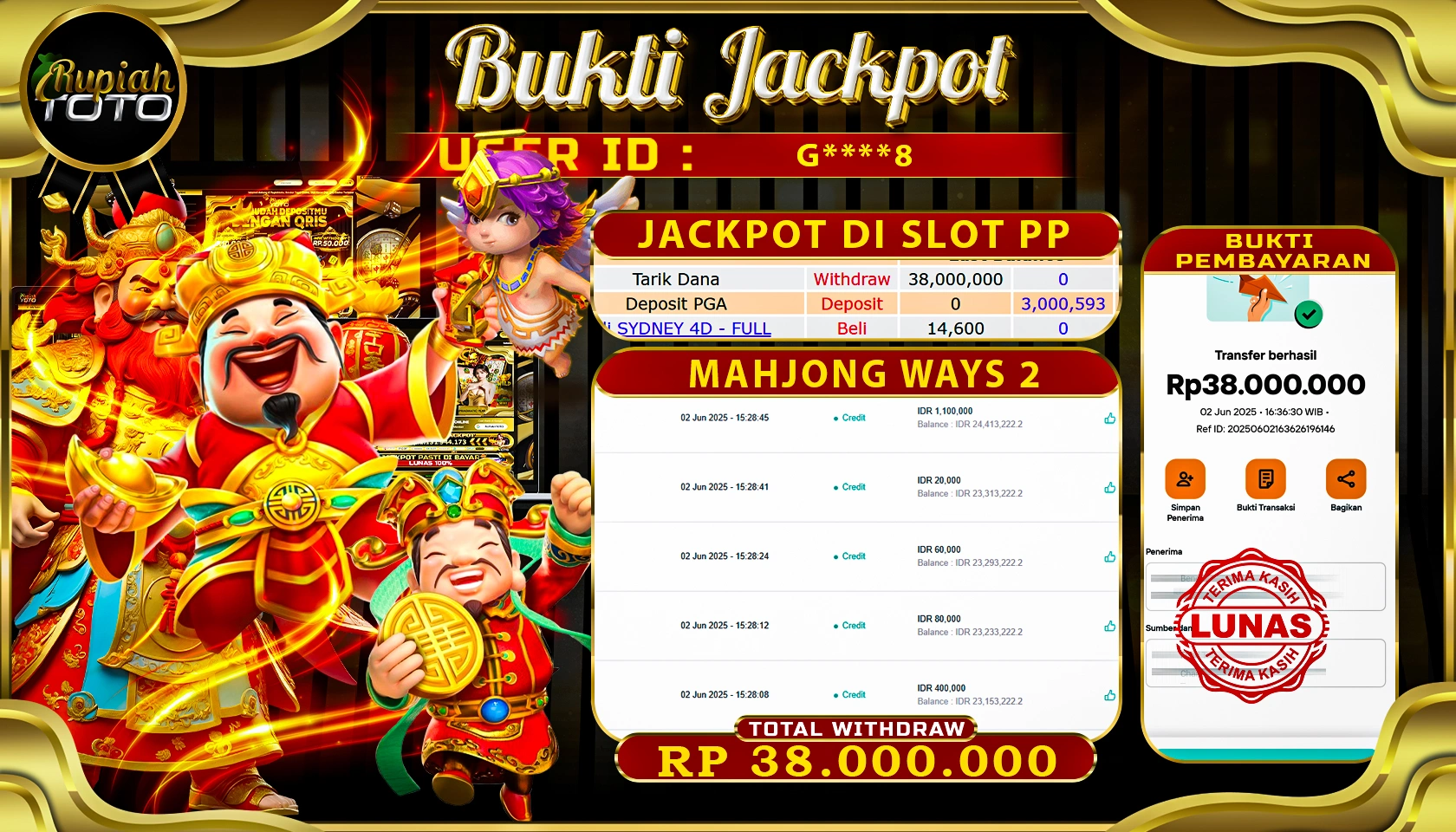 RUPIAHTOTO JACKPOT DI SLOT PRAGMATICPLAY GAME MAHJONG WAYS 2 RP 38.000.000 JUTA RUPIAH LUNAS