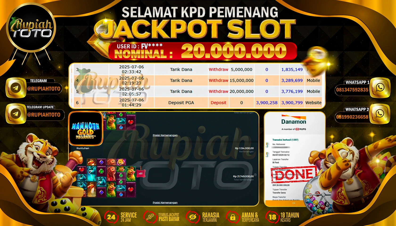 RUPIAHTOTO JACKPOT SLOT DI PRAGMATIC PLAY GAMES MAMMOTH GOLD MEGAWAYS RP 20.000.000 JUTA RUPIAH LUNAS