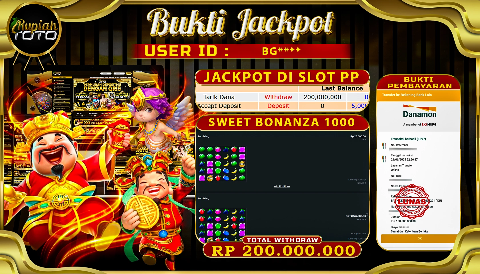 RUPIAHTOTO JACKPOT DI SLOT PRAGMATICPLAY GAME SWEET BONANZA 1000 RP 200.000.000 JUTA RUPIAH LUNAS