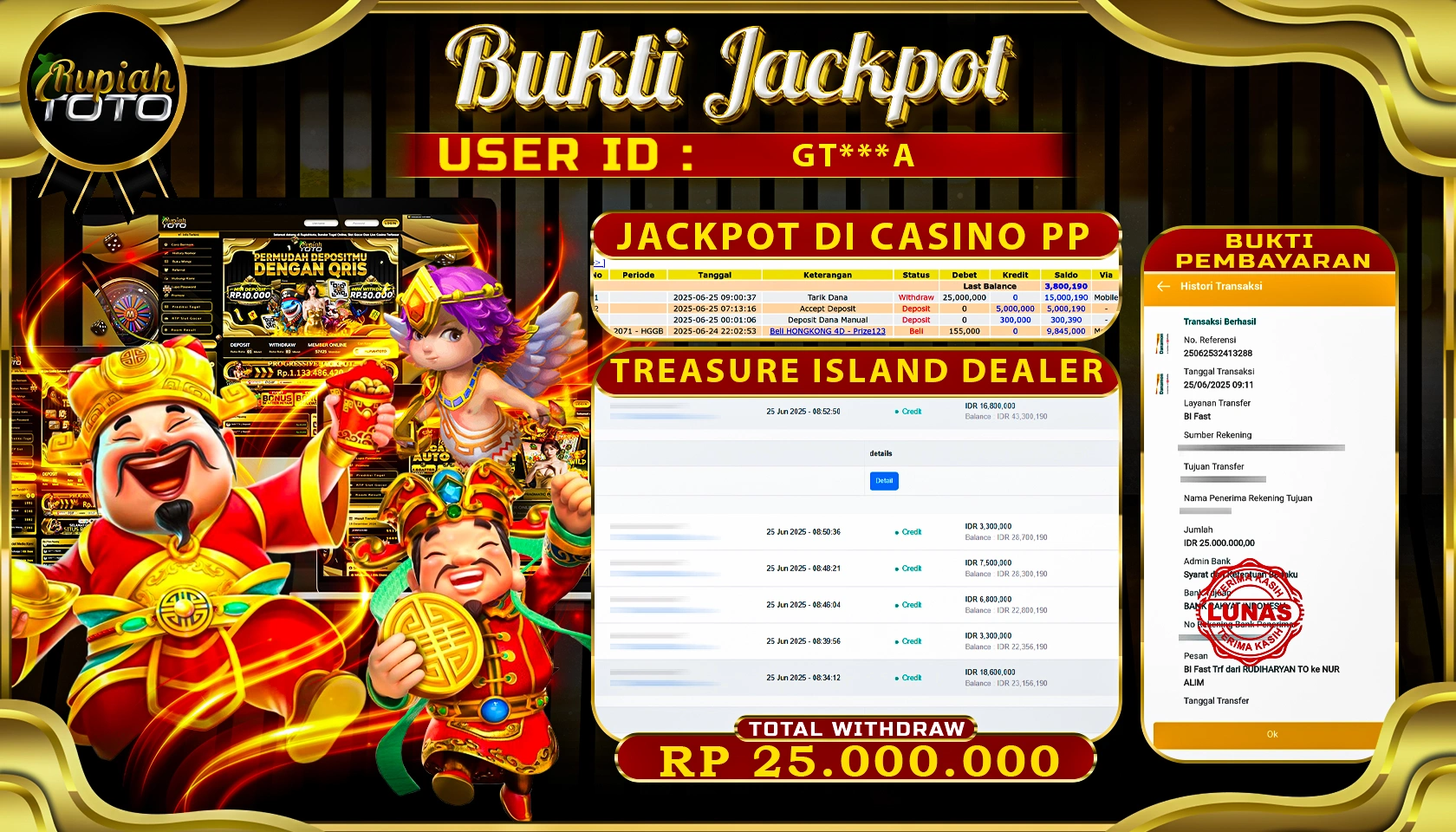 RUPIAHTOTO JACKPOT DI CASINO PRAGMATICPLAY GAME TREASURE ISLAND DEALER RP 25.000.000 JUTA RUPIAH LUNAS