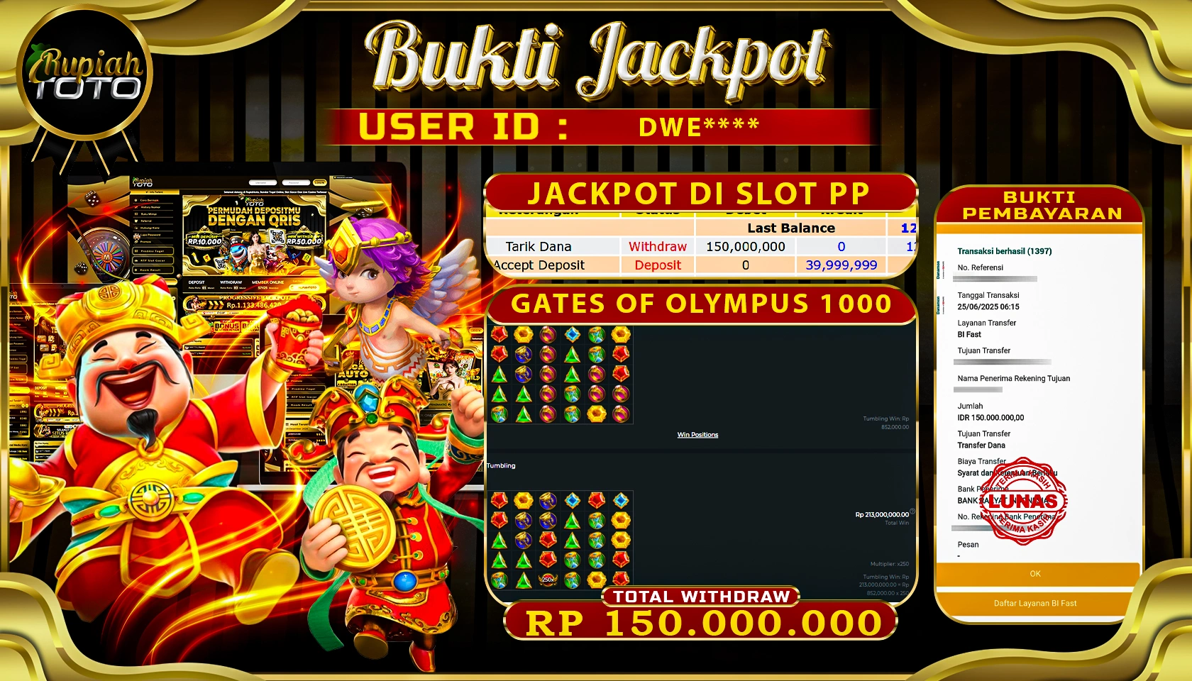RUPIAHTOTO JACKPOT DI SLOT PRAGMATICPLAY GAME GATES OF OLYMPUS 1000 RP 150.000.000 JUTA RUPIAH LUNAS