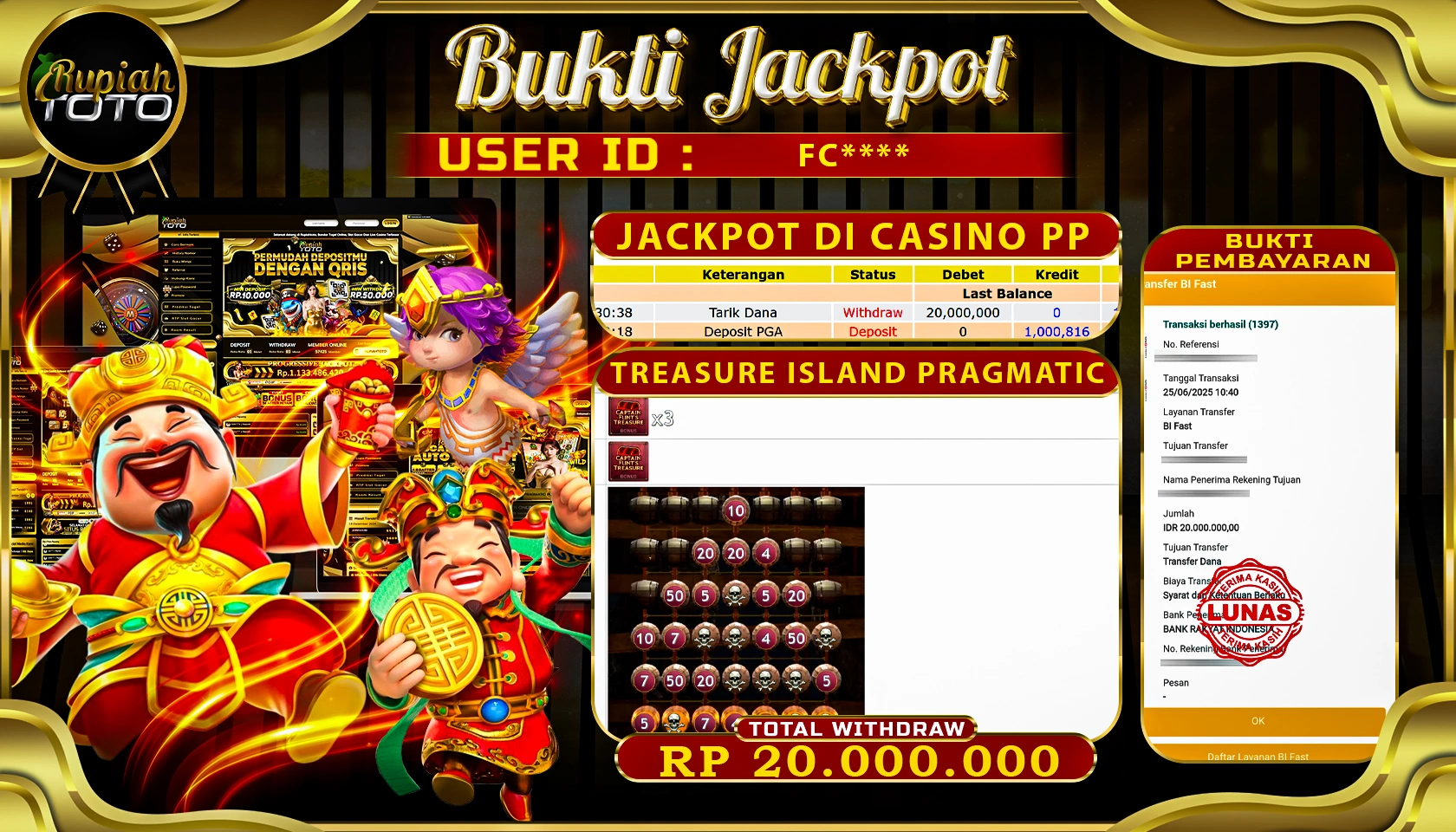 RUPIAHTOTO JACKPOT DI CASINO PRAGMATICPLAY GAME TREASURE ISLAND PRAGMATIC RP 20.000.000 JUTA RUPIAH LUNAS