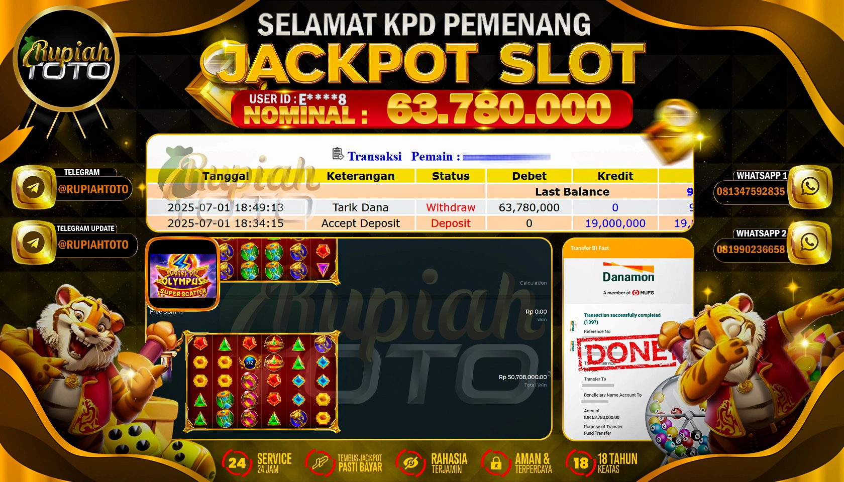 RUPIAHTOTO JACKPOT SLOT DI PRAGMATIC PLAY GAMES GATES  OF OLYMPUS SUPER SCATTER RP 63.780.000 JUTA RUPIAH LUNAS