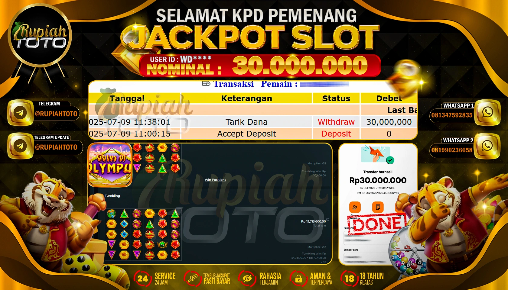RUPIAHTOTO JACKPOT SLOT DI PRAGMATIC PLAY GAMES GATES OF OLYMPUS RP 30.000.000 JUTA RUPIAH LUNAS