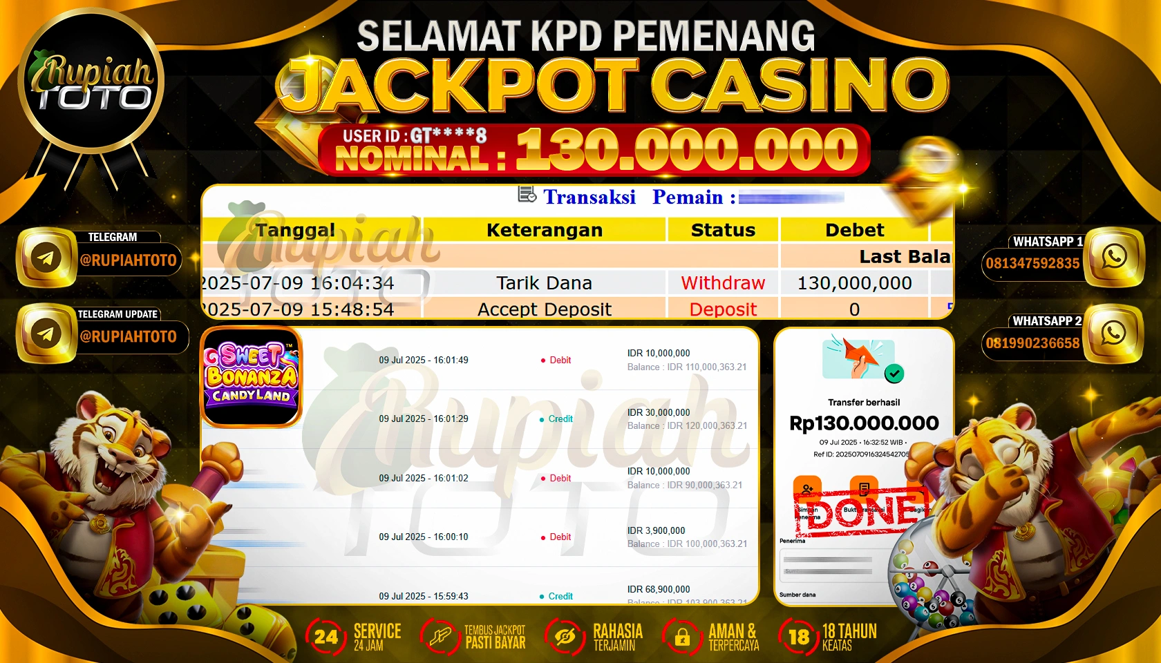 RUPIAHTOTO JACKPOT DI CASINO PRAGMATIC PLAY GAMES LIVE SWEET BONANZA CANDY LAND RP 130.000.000 JUTA RUPIAH LUNAS