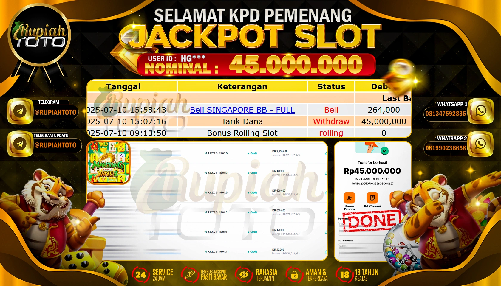 RUPIAHTOTO JACKPOT SLOT DI MAHJONG WAYS 2 RP 45.000.000 JUTA RUPIAH LUNAS