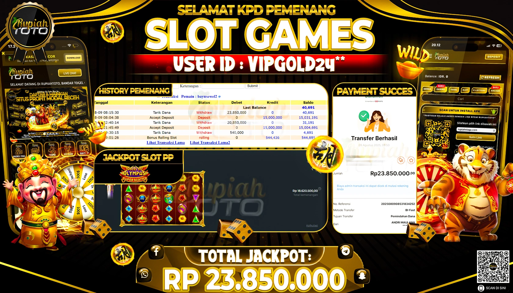 RUPIAHTOTO JACKPOT DI  SLOT PP - GATES OF OLYMPUS SUPER SCATTER RP 23.850.000 JUTA RUPIAH LUNAS