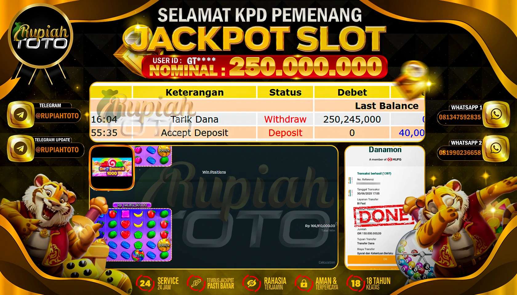 RUPIAHTOTO JACKPOT SLOT DI PRAGMATIC PLAY GAMES SWEET BONANZA RP 250.000.000 JUTA RUPIAH LUNAS